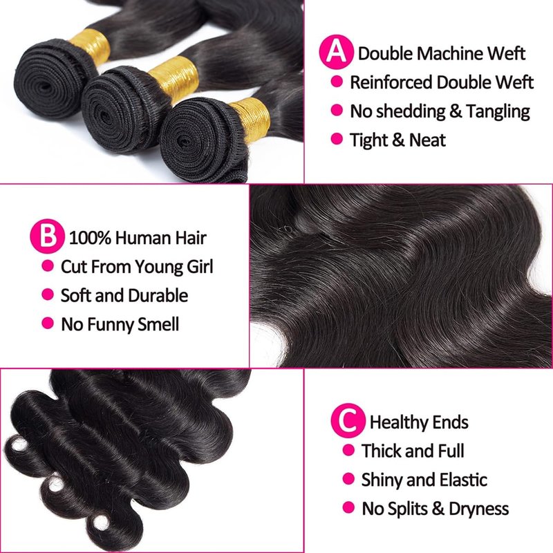 Human Hair Bundles Body Wave 10 12 14 Inch 100% Unprocessed Brazilian Body Wave 3 Bundles Human Hair Extensions for Women Quick Weave Natural Color