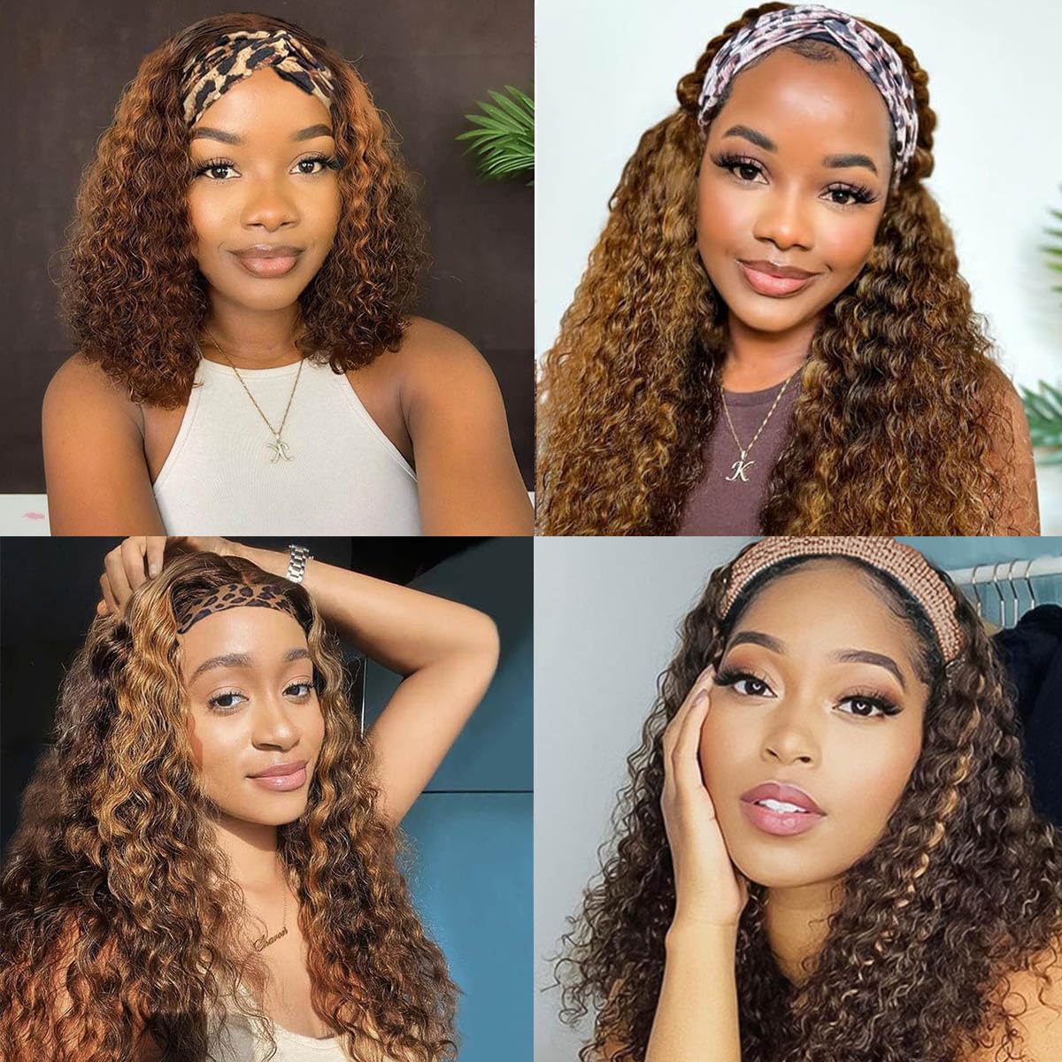 mmiQus Headband Wig Human Hair Water Wave None Lace Front Glueless Curly Wig With Pre-Attached Scarf For Black Women Put And Go Wig Natural Beginner-Friendly 14 Inch