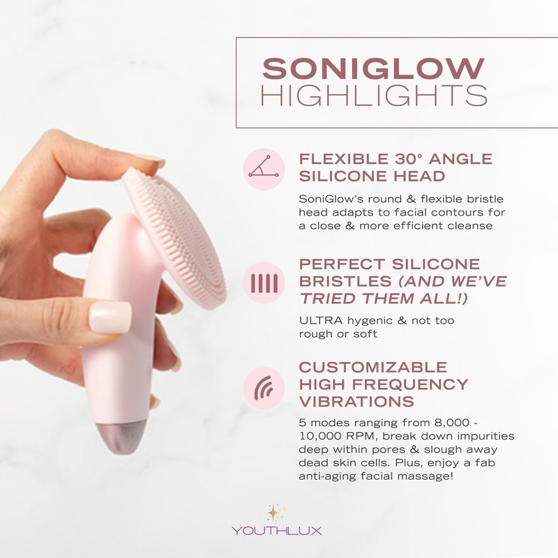 YOUTHLUX SoniGlow Silicone Face Scrubber/Facial Cleansing Brush – Electric Vibrating Skincare Scrubber Tool for Deep Pore Cleansing, Gentle Massage, Makeup Removal, Waterproof and Rechargeable (Pink)