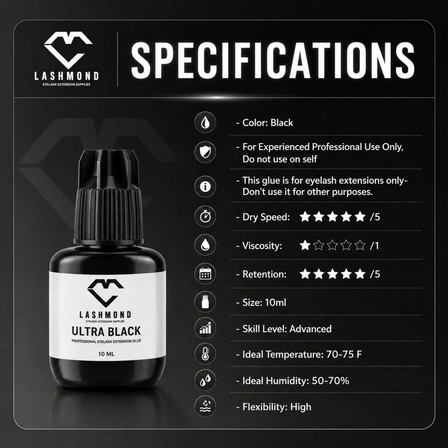 Lashmond Pro Strong Eyelash Extension Glue Ultra Black -Lash Adhesive (10 ml) / 2-3 Sec Drying time/Retention – 6 to 8 Weeks/Maximum Bonding Power/Black Adhesive for Semi-Permanent Extensions