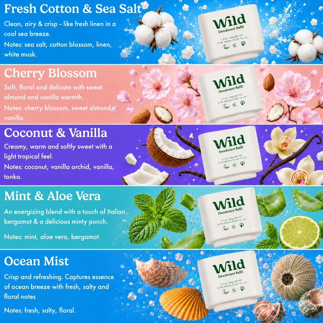 Wild Aluminum Free Natural Deodorant Ultimate Starter Kit - Black Case - Natural Ingredients & 24 Hour Odor Protection - Women & Men's - Variety of Scents - Case + 5 Refills