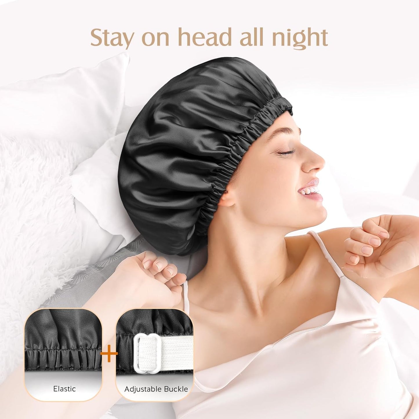Double Layered 100% Silk Bonnet for Women - 22 Momme Mulberry Silk Sleep Cap | Adjustable Elastic, Reduces Frizz (Black, XL)