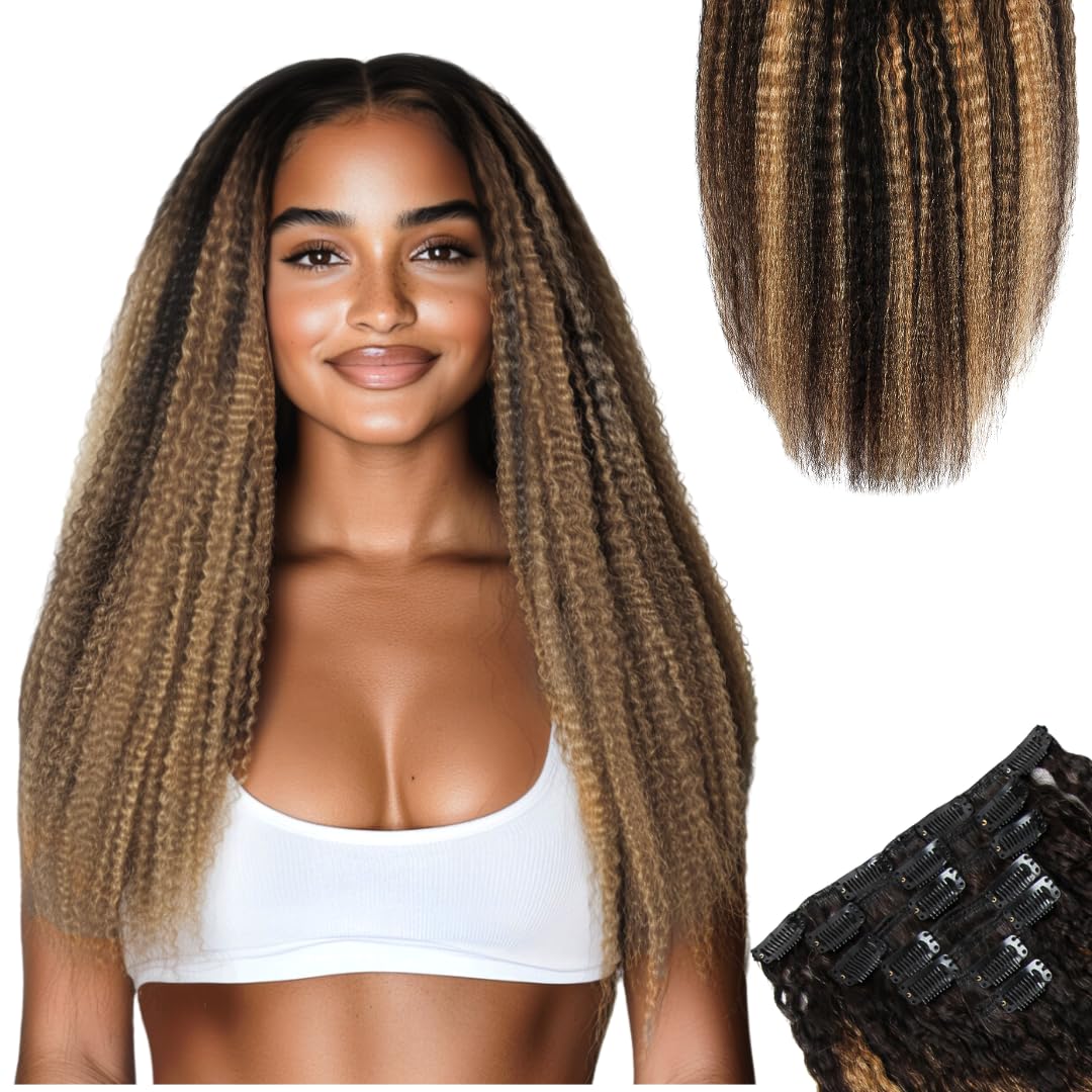 SIYUSI Kinky Straight Clip In Extensions, 100% Brazilian Remy Human Hair Clip Ins, Scalp-Friendly Invisible Clips, Honey Blonde Ombre, 3.52oz, 7Pcs (14 Inch)