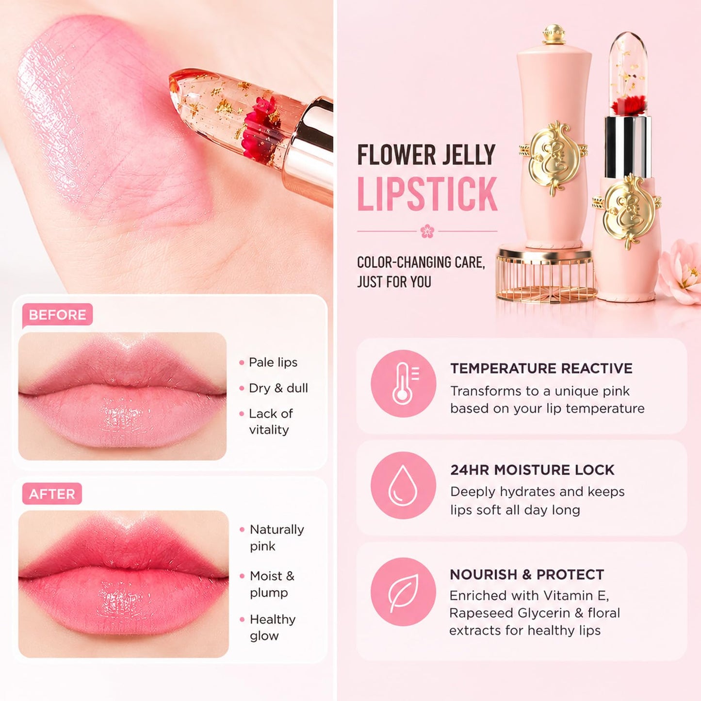 Pack of 6 Crystal Flower Jelly Lipstick, Long Lasting Nutritious Lip Balm Lips Moisturizer Magic Temperature Color Change Lip Gloss, Birthday Day Gifts, Bridesmaid Gifts, Bulk Gifts for Women(Pink)