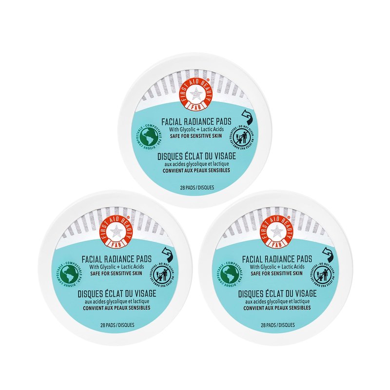 First Aid Beauty - Facial Radiance Pads with Glycolic & Lactic Acids, Daily Exfoliating Pads with AHA, Visibly Smaller Pores, Help Tone & Brighten Skin, One-Step Makeup Prep, Compostable, 28, 3ct