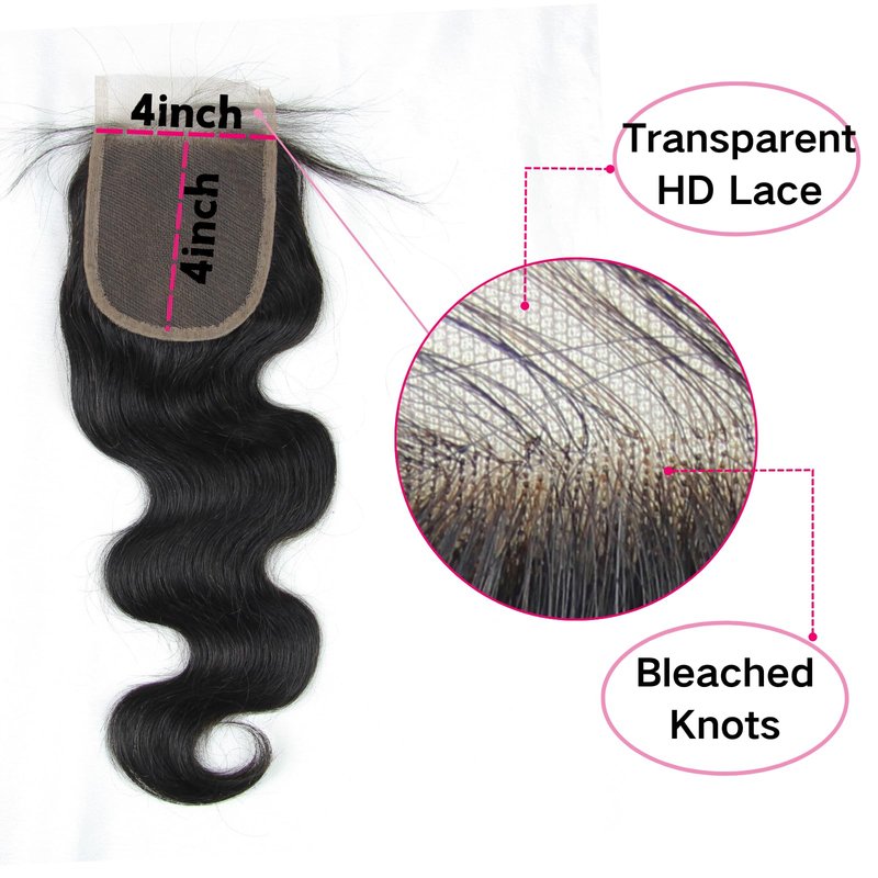 4x4 Lace Closure Body Wave - Transparent HD Free Part Invisible Lace Closure 100% Brazilian Virgin Human Hair Pre Plucked with Baby Hair Natural Black 12A Grade (16 Inch)