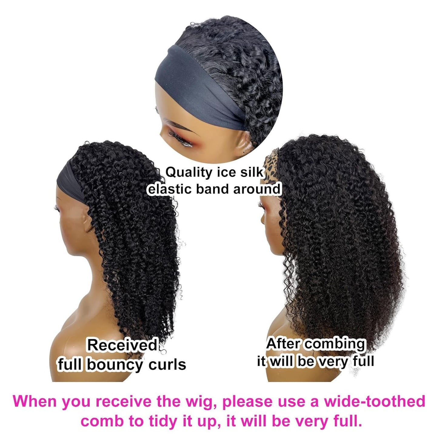 Headband Wig Human Hair Kinky Curly Glueless Wigs 12 Inch Natural Black