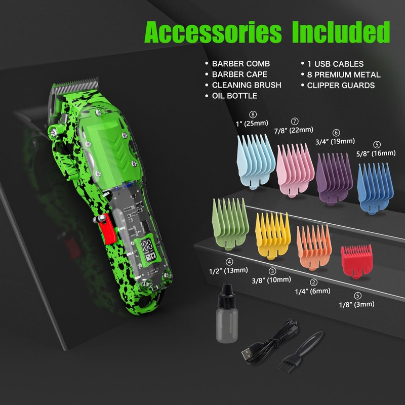 Tuanchuanrp Professional Hair Clippers for Men, Cordless Barber kit for Hair Cutting & Grooming, Hair Clippers Set for Barber Haircut with LED Display 8 Fade Taper Combs(Green)