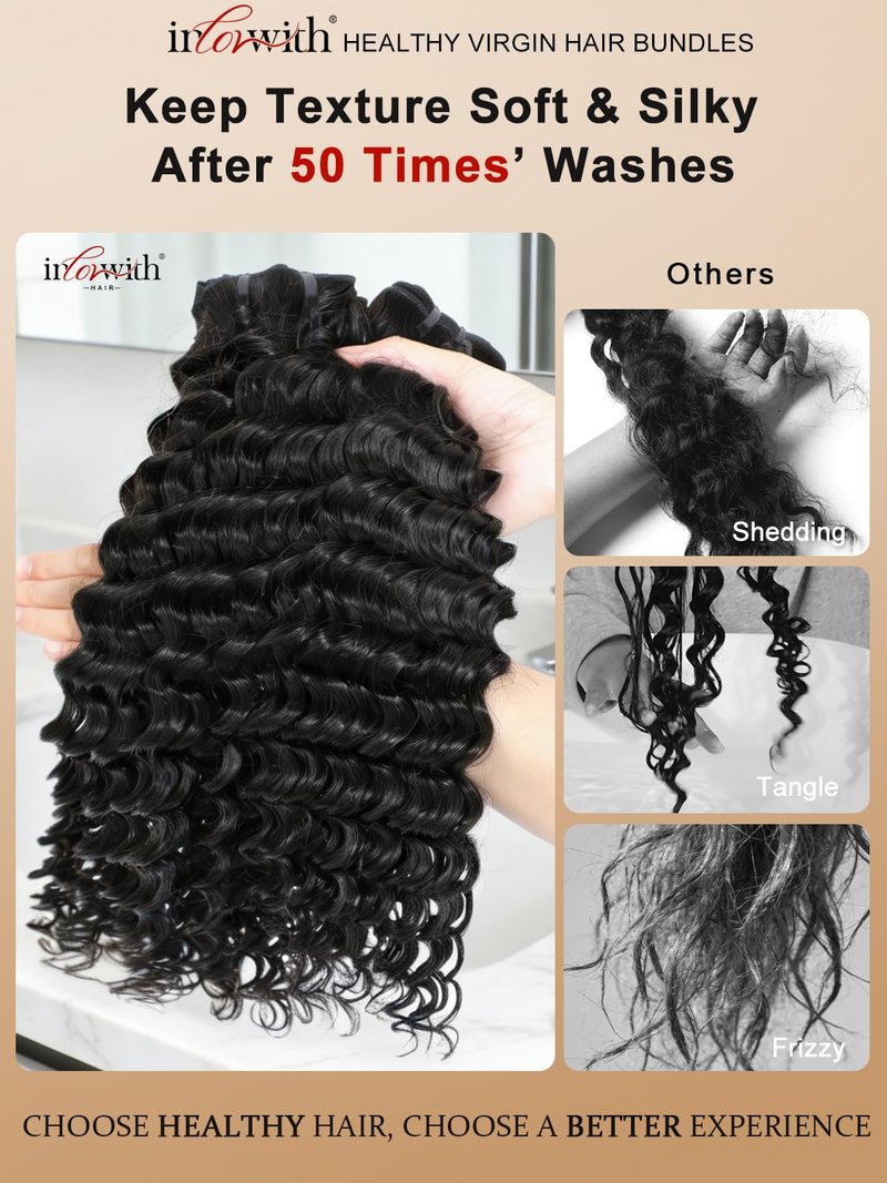 inlovwith Deep Wave Human Hair Bundles, Curly Bundles by 100% Unprocessed Indian Virgin Hair, Keep Texture Wet and Wavy After Multiple Washes(Single Bundle, 16 Inches)