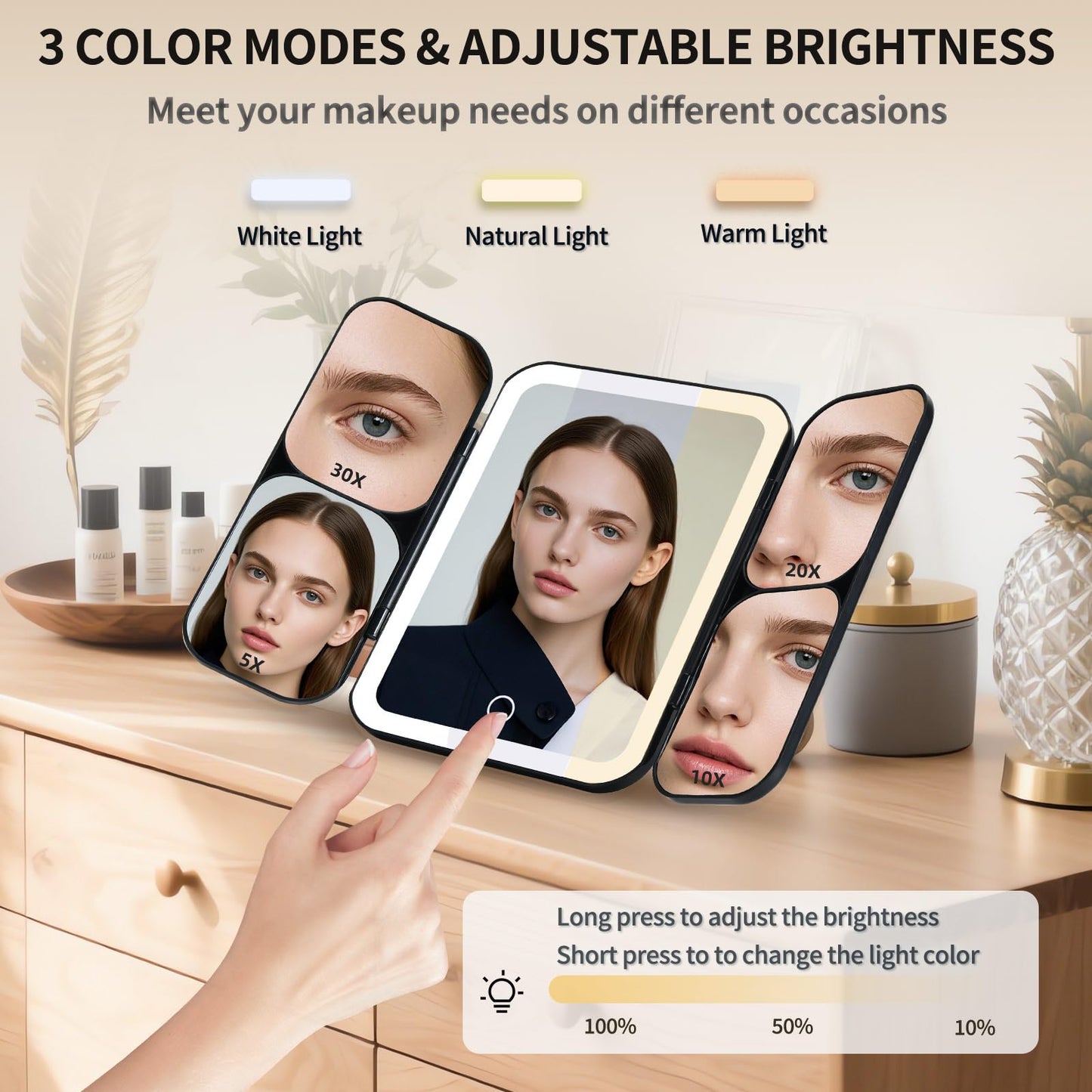 saiggnyy 5-in-1 Led Vanity Makeup Mirror,1X Full Face & 5x/10x/20x/30x Times Magnification for Close-up Makeup, Compact Travel Magnifying Mirror with Light, Trifold Mirrors with Stand (Cool Black)