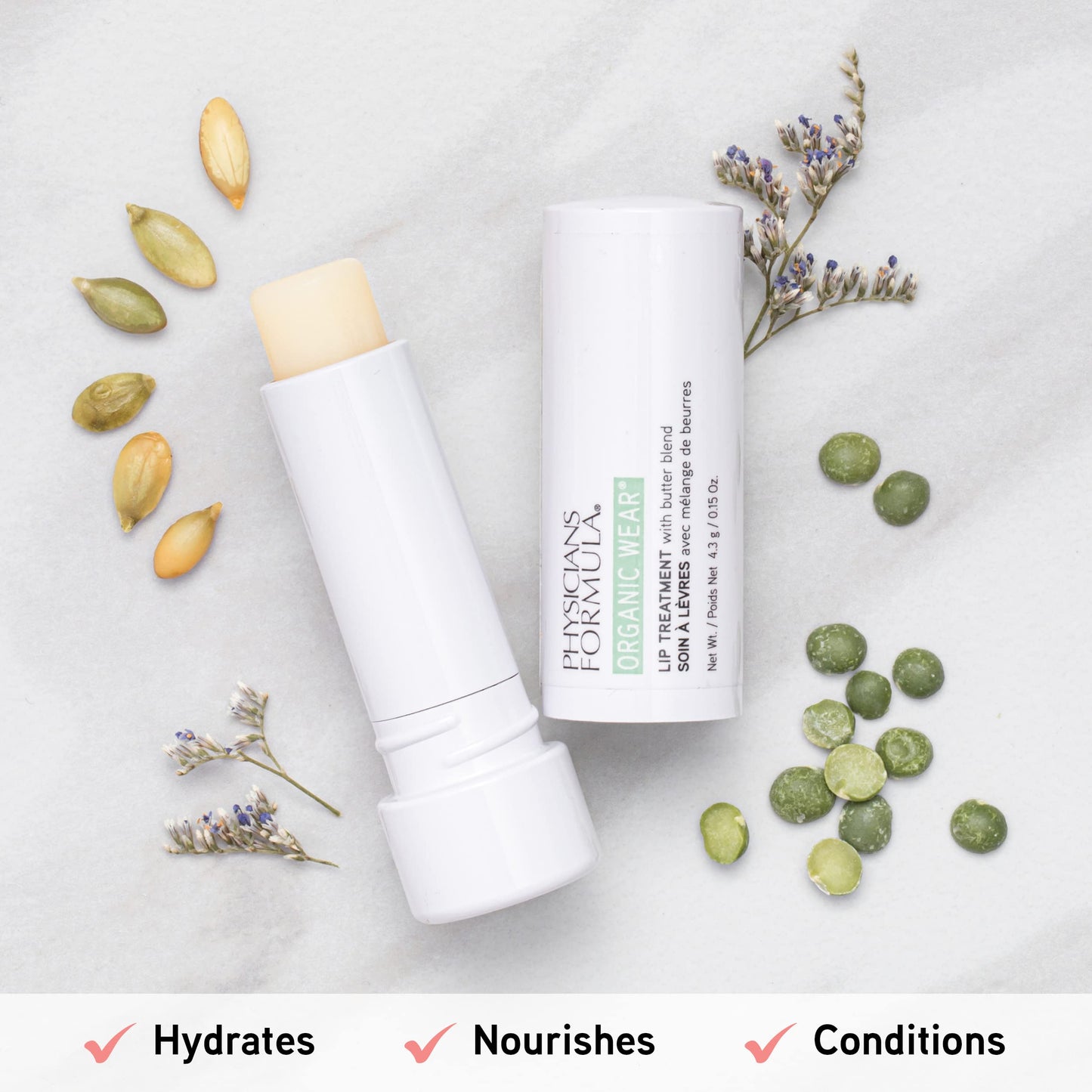 Physicians Formula Organic Wear Lip Balm Treatment, Ultra-Nourishing Shea Butter & Coconut Oil Infused, Hydrating & Conditioning for Smooth, Supple Lips, Cruelty Free