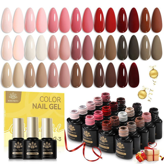Born Pretty Nude Pink Gel Nail Polish Set 23PCS,Skin Tones Neutral Brown Burgundy Red Gel Polish with Base Gel Glossy & Matte Top Coat Gel Polish Kit for Salon Manicure and Nail Art DIY at Home