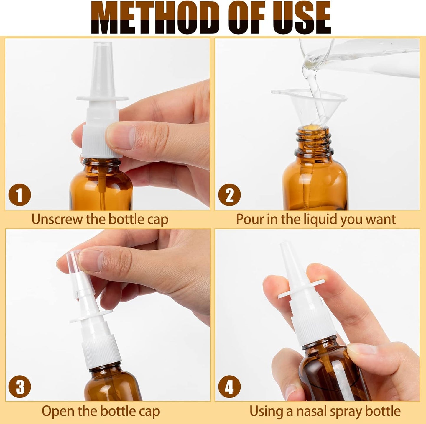 Empty Nasal Spray Bottles - 40 Pcs Brown Glass Refillable Fine Mist with 8 Funnels & Labels | 30ML/1oz
