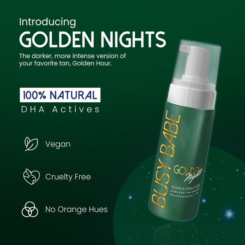Busy Babe Self Tanner - Golden Nights Express Rapid Dark Tanning Mousse - Deeper Sun-Kissed Glow with Mitt - Vegan, Cruelty-Free, Instant Tan, Self Tanning Mousse Pump - 7.2 oz, No Orange Hues