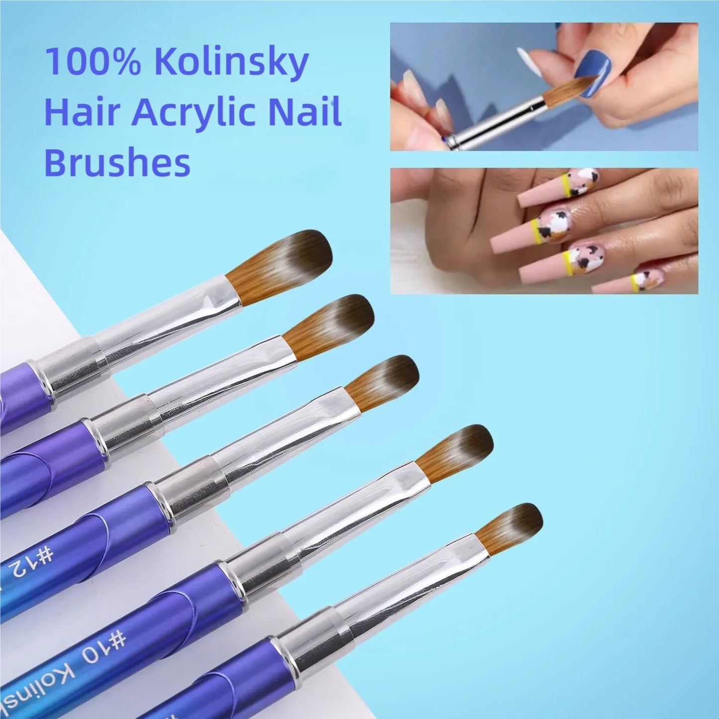 100% Pure Kolinsky Hair Acrylic Nail Art Brushes – Oval Crimped Tip for Acrylic Powder, Gradient Blue Metal Handle, Professional Nail Art Brush for Salon & DIY(#14)