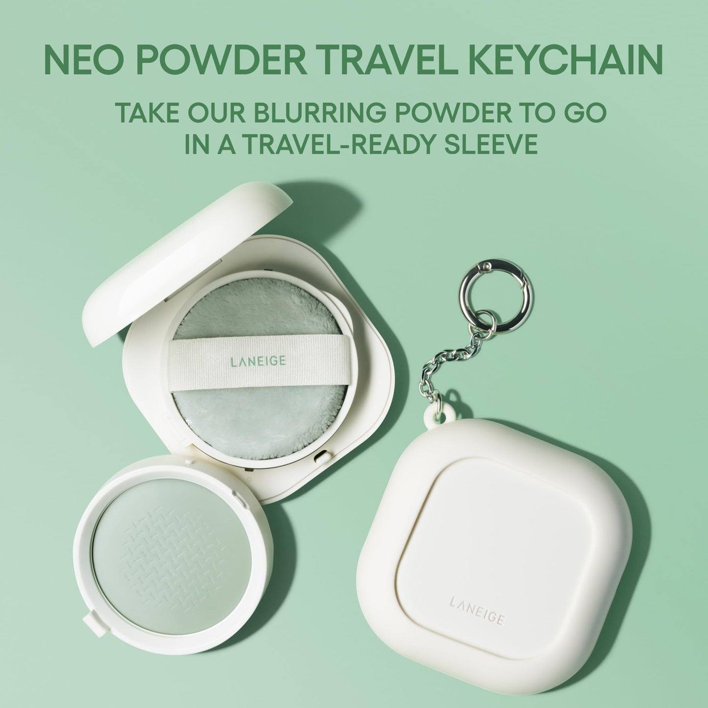 LANEIGE Neo Powder Keychain: Travel-Friendly Silicone Sleeve & Silver Ring for On-the-Go Touch Ups