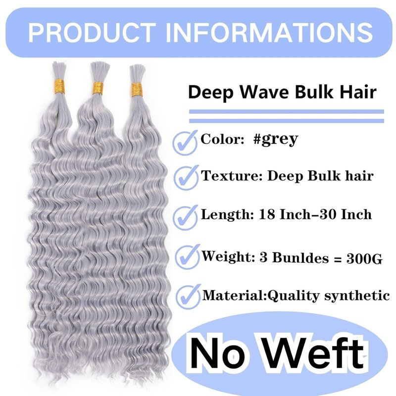 Xddnamei Curly Grey Deep Wave Bulk Human Hair for Braiding 2 Bundles Total 100g 24 Inch Grey No Weft Braiding Hair Brazilian Virgin Deep Wave Human Hair Extensions for Boho Braids