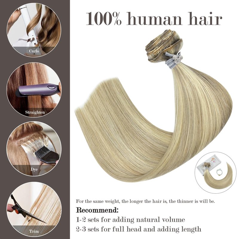 Honsoo Clip in Real Human Hair, Balayage Hair Extensions Mixed Bleach Blonde 12inch 70g 7pcs Straight Silky Blonde Heat Safe Hair