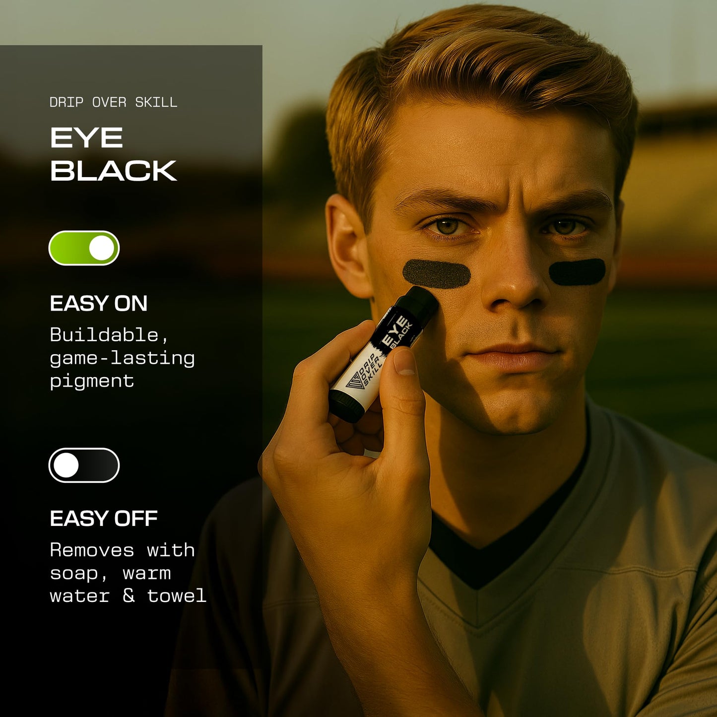Eye Black by DRIP Over Skill, Made with Natural Ingredients, Dermotologist-Tested, Skin-Safe Sports Face Paint Stick, Repels Sweat, Anti-Glare, Clean Eye Black Baseball, Football, Softball, Lacrosse