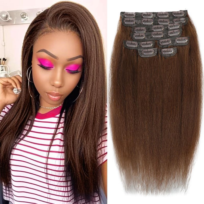 18 Inch Brown Kinky Straight Clip in Hair Extensions Real Human Hair for Black Women Yaki Straight Clip ins unprocessed Brazilian Remy Human Hair Extensions Yaki clip ins hari extensions double weft
