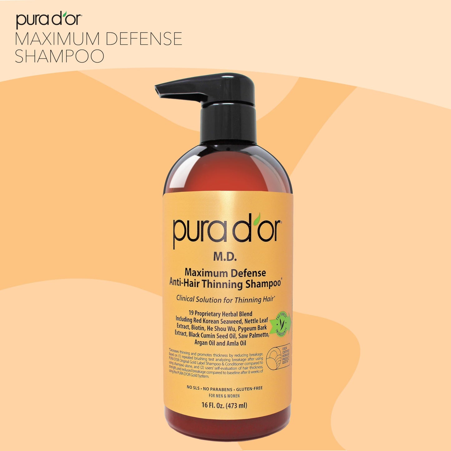 PURA D'OR MD Anti-Hair Thinning Maximum Defense Shampoo - 0.5% Coal Tar, Biotin, Proprietary Herbal Blend For Dry & Itchy Scalp, No Sulfates - For Men & Women, Strong Coal Tar Scent 16 Oz
