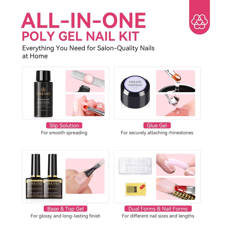 Saviland Poly Gel Nail Kit Starter Kit: Caster Oil Vitamin E Poly Nail Gel Kit 48W Nail Lamp 7 Color Plant-based Poly Extension Gel Nail Kit Base &Top Gel Complete Tools Home Nail Extensions Nail Care