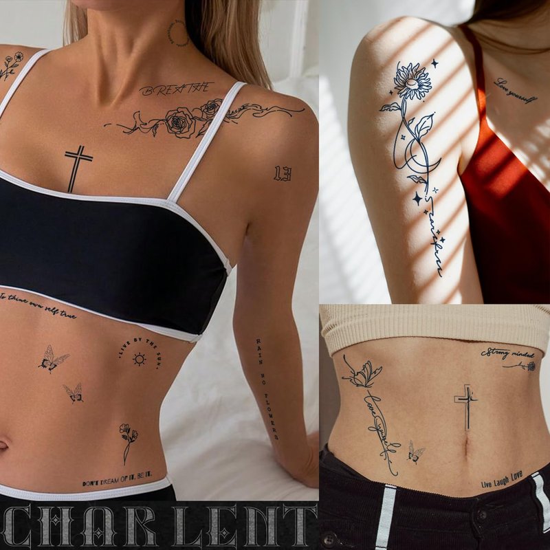 CHARLENT Semi-Permanent Tattoos for Adult - 2 Weeks Long Last Small Flower Words Tattoos for Women Men Hand Neck Body/Fades Naturally/No Reflection/Waterproof/Realistic, Minimal Line Art