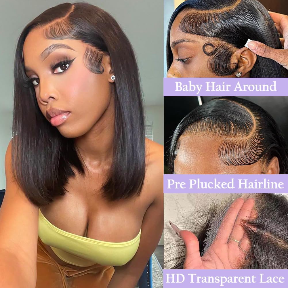 TONGMAY Bob Wig Human Hair 13x4 HD Transparent Lace Frontal Wigs for Women Glueless Short Straight Bob Lace Front Bob Wigs Pre Plucked with Baby Hair 180% Density Natural Black 10 Inch