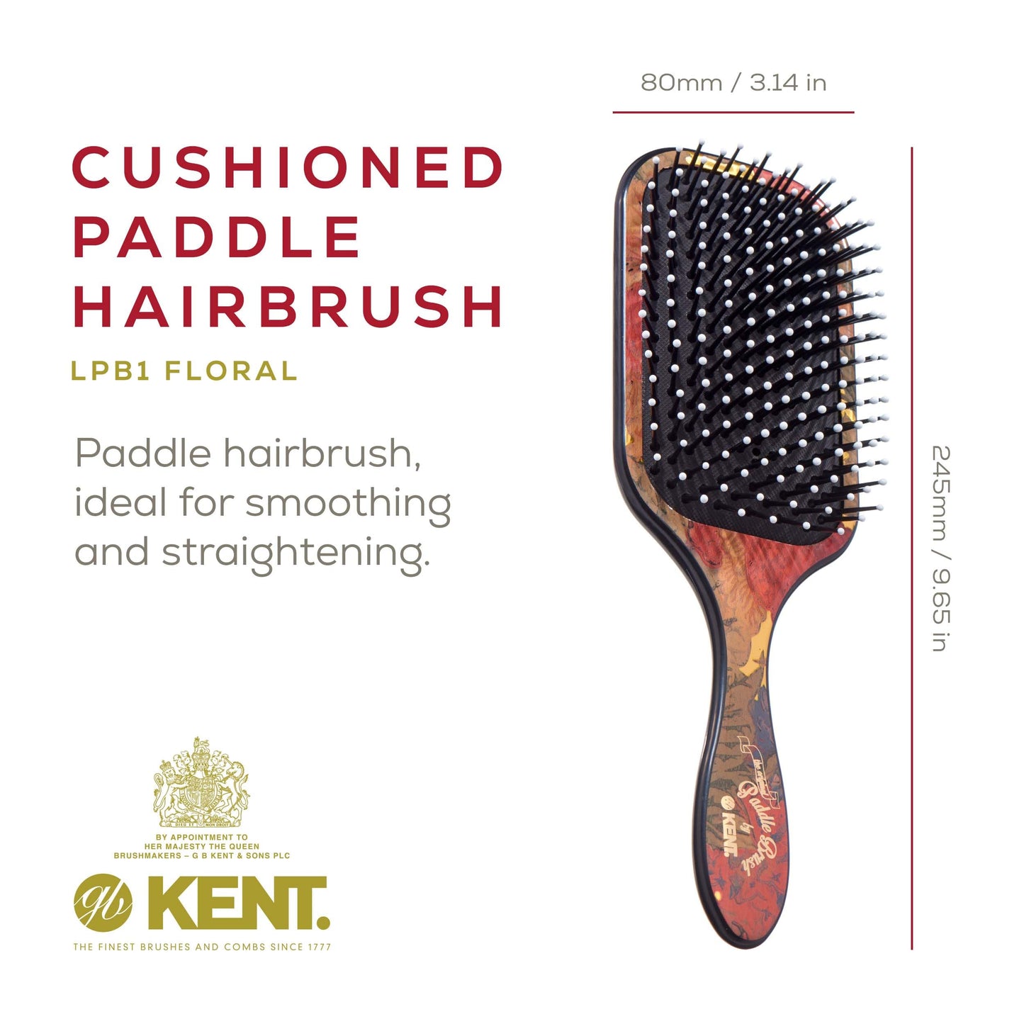 Kent LPB1 Large Paddle Cushioned Hair Brush - Grooming, Detangling, & Smoothing Floral Print - Best Everyday Brush For Medium to Long Hai