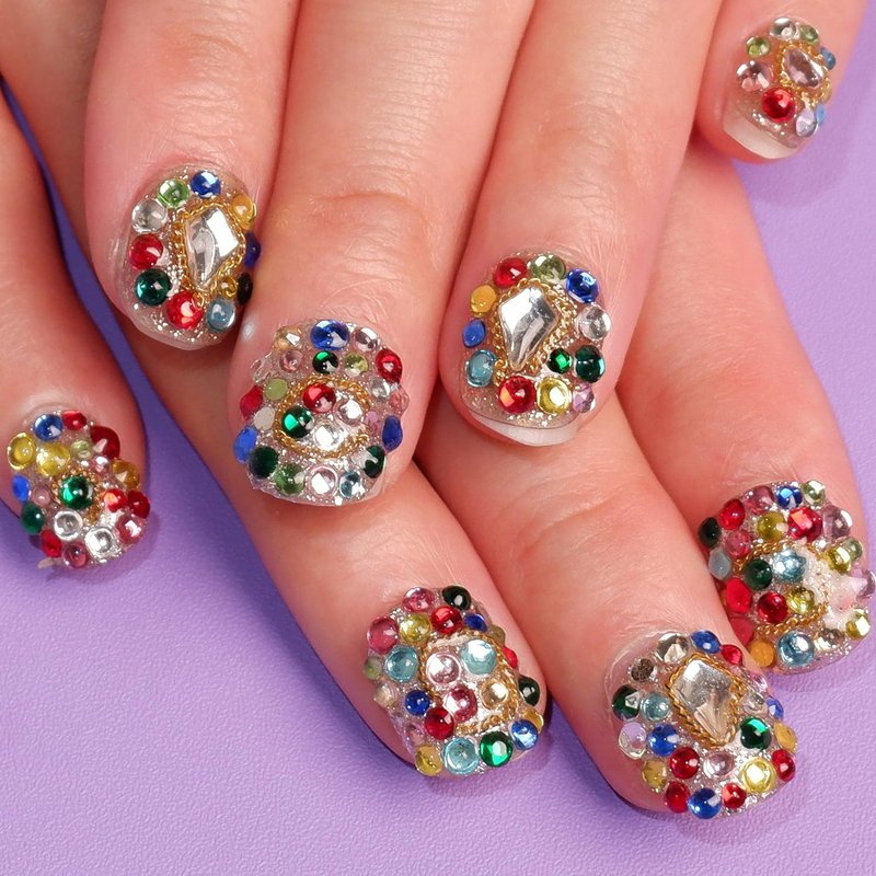 SLANGO Full-Shining Press On Nails, Hand Made Short Round False Nails with Rhinestones, Reusable, Durable, Thick Acrylic Nails for Women S (Ship from US)