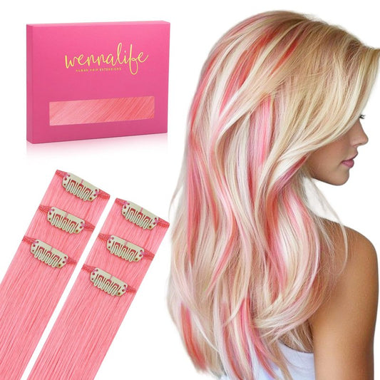WENNALIFE Peach Pink Clip in Hair Extensions Real Human Hair 35g 6pcs 18 Inch Colored Hair Extensions for Kids Women Colorful Hair Pieces Pop-up Style Straight Extensiones De Cabello Humano Con Clip