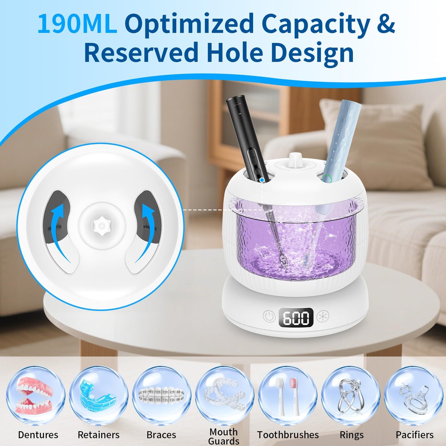 2025 Upgraded Ultrasonic Retainer Cleaner Machine,Separate Retainer Cleaner for Night Guards, Braces, Aligner, Toothbrush, Jewelry, 4 Modes Denture Cleaner & Removable Base and Top Cover(White)