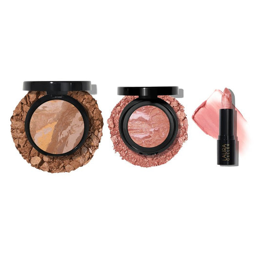 LAURA GELLER NEW YORK Marble Magic Kit: Baked Balance-n-Brighten Powder Foundation, Tan + Baked Blush-n-Brighten, Pink Buttercream + Italian Marble Lipstick, Berry Vanilla