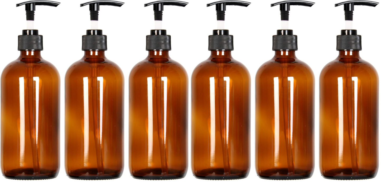 Youngever 6 Pack Empty Amber Glass Pump Bottles, 6 Pack 16 Ounce Pump Bottles, Soap Dispenser, Refillable Containers