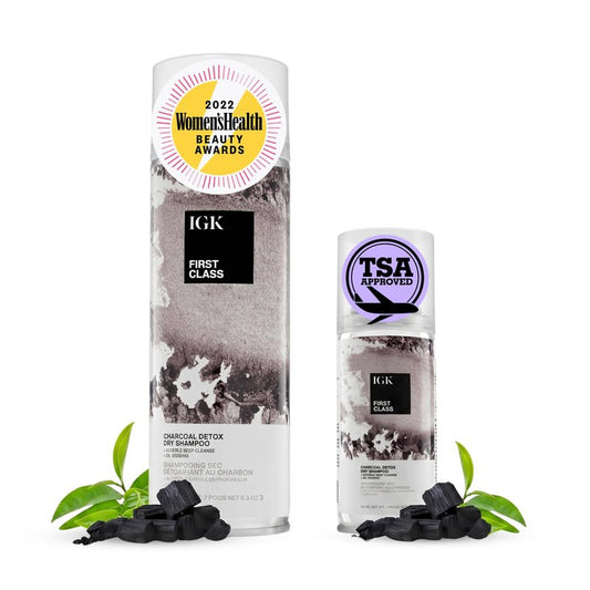 IGK First Class Charcoal Detox Dry Shampoo Bundle | Deep Cleansing For Oily Hair & Odor Absorbing | Adds Volume & Texture | For All Hair Types | 6.3 oz + 2 oz