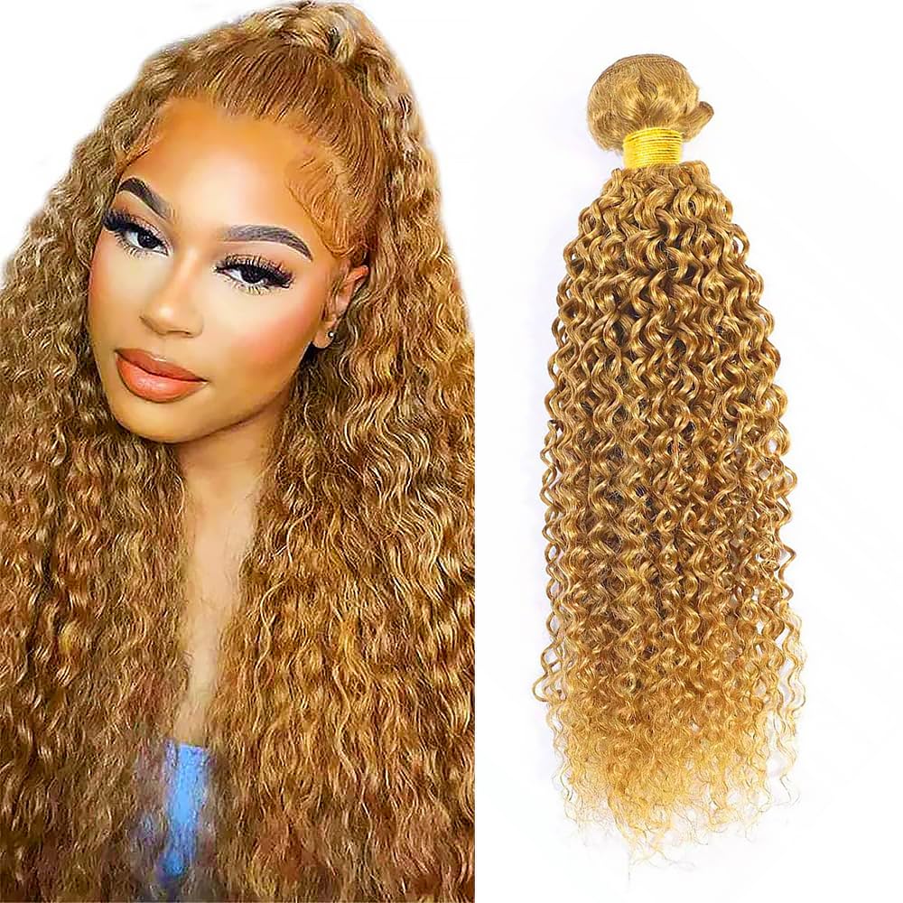 Curly Human Hair Bundles Blonde 26 Inch Kinky Curly #27 Honey Blonde Single Bundle Human Hair Unprocessed Native Virgin Hair 100g Total Double Weft Crochet Human Hair Extensions for Women