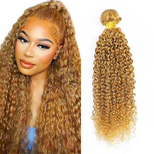 Curly Human Hair Bundles Blonde 26 Inch Kinky Curly #27 Honey Blonde Single Bundle Human Hair Unprocessed Native Virgin Hair 100g Total Double Weft Crochet Human Hair Extensions for Women