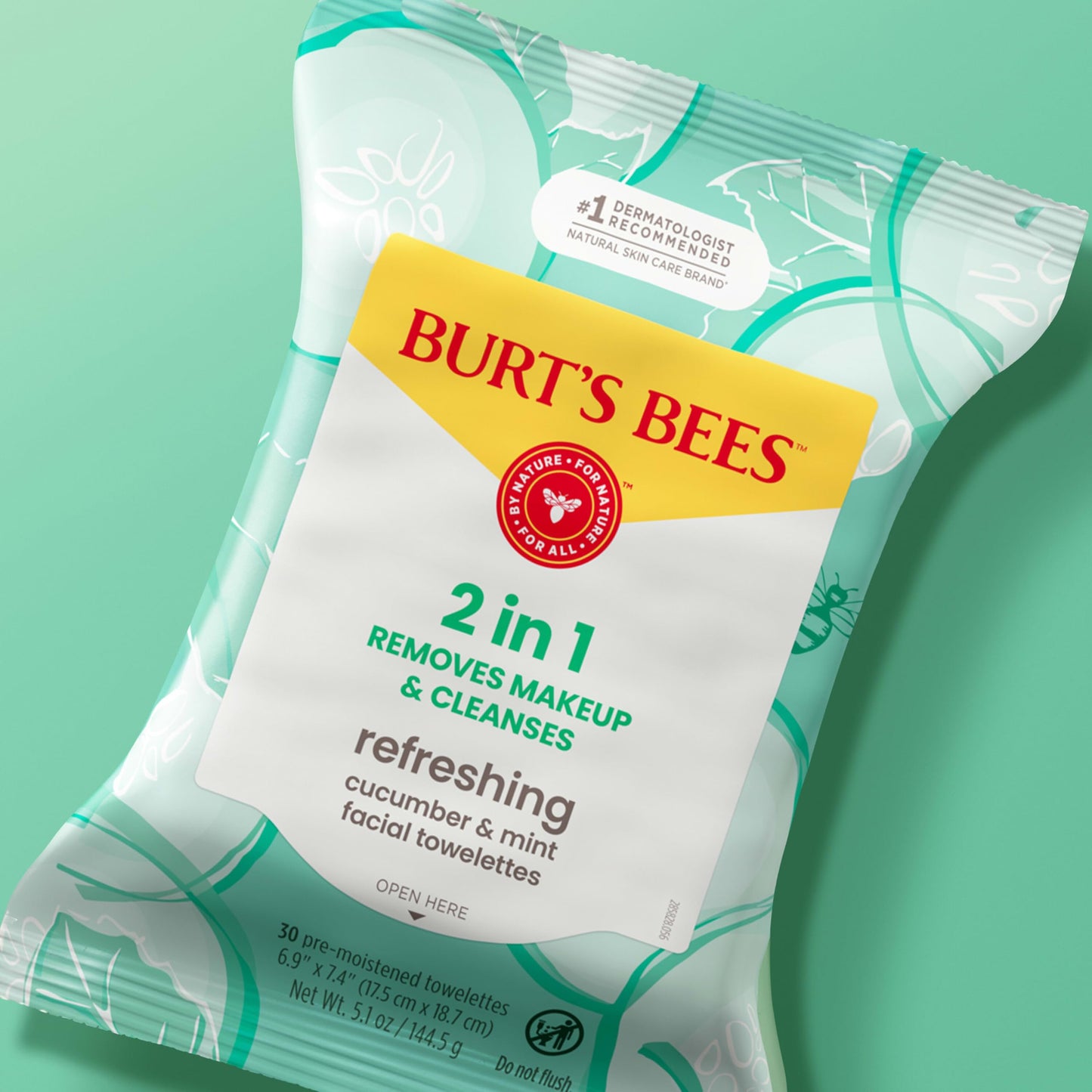 Burt’s Bees Refreshing Cucumber & Mint Facial Towelettes, 100% Plant Based Cloths; 99% Natural Origin; Removes Makeup and Cleanses; No Need to Rinse; 30 Ct (Pack May Vary)
