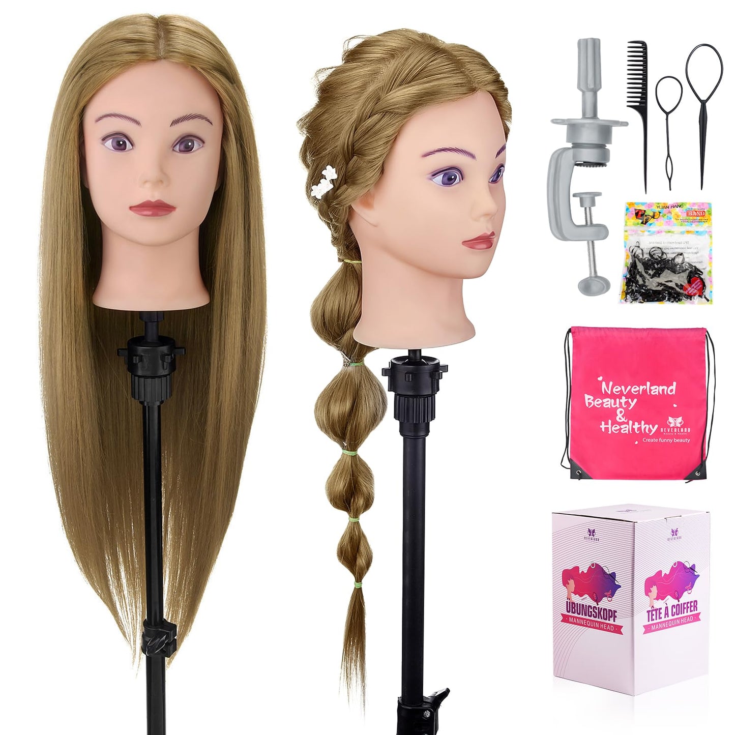 28" Mannequin Head Human Hair, 80% Real Hair Mannequin Head, Cosmetology Manikin Doll Head for Hair Styling Set #27, Training Practice Braiding Head with Table Clamp Suitable for Hair Extensions