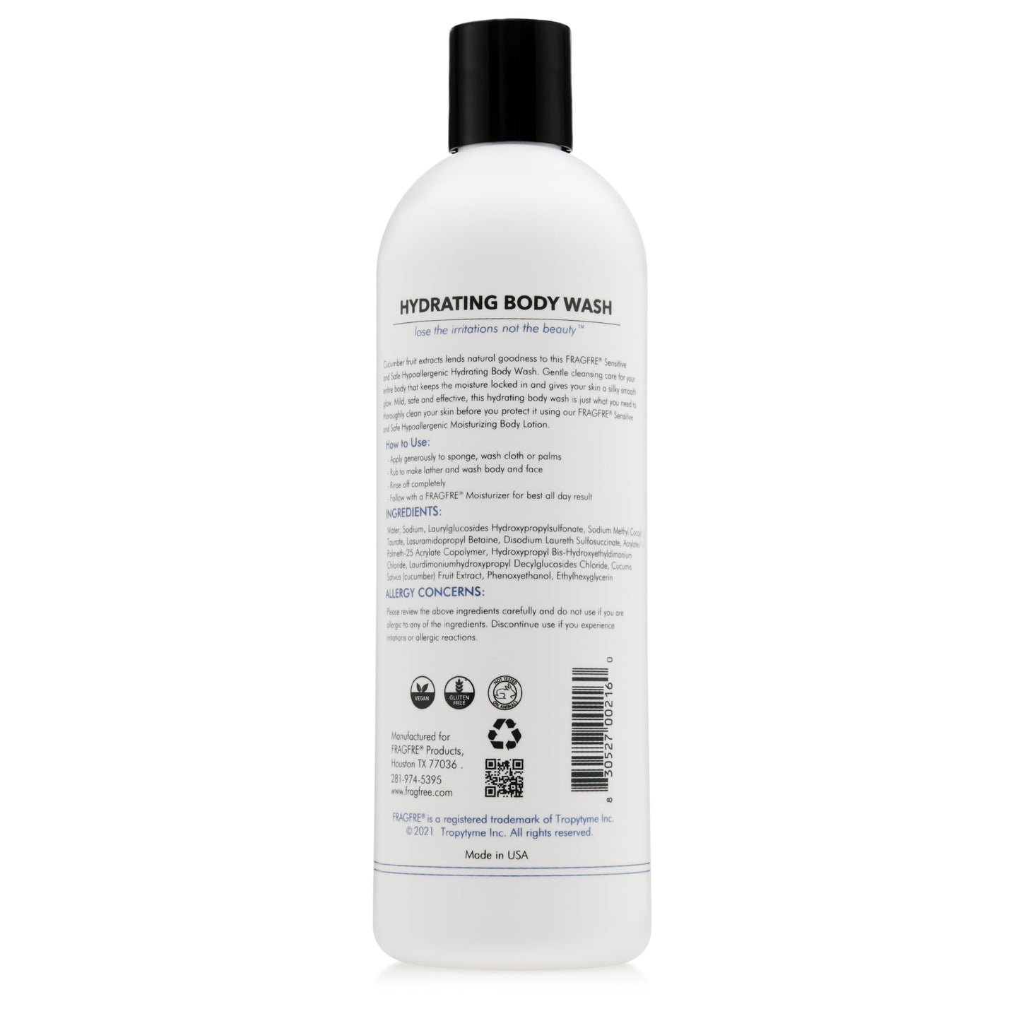 FRAGFRE Sensitive Body Wash 16 oz (2-Pack Gift Set) - Paraben Free Sulfate Free Body Cleanser - Hypoallergenic for Delicate and Flaky Skins - No Added Fragrance - Cucumber for Hydration - Vegan GF/CF