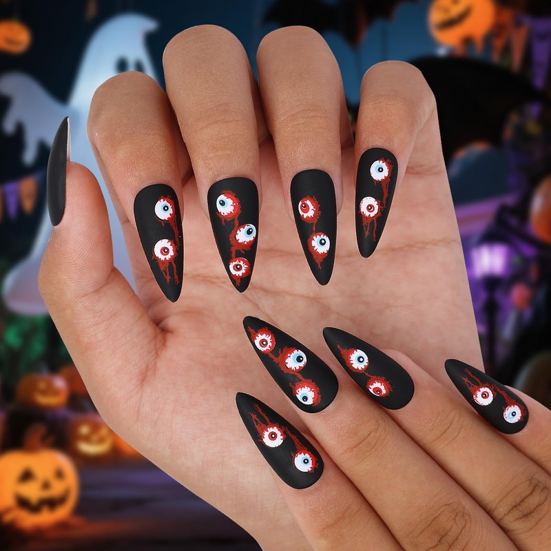 Artquee Halloween Press on Nails 4 Packs 96 Pcs Short Square False Tips with Pumpkin Haunted House Ghost Designs Reusable Fake Stick on Nails Kit for Women - 12 Sizes