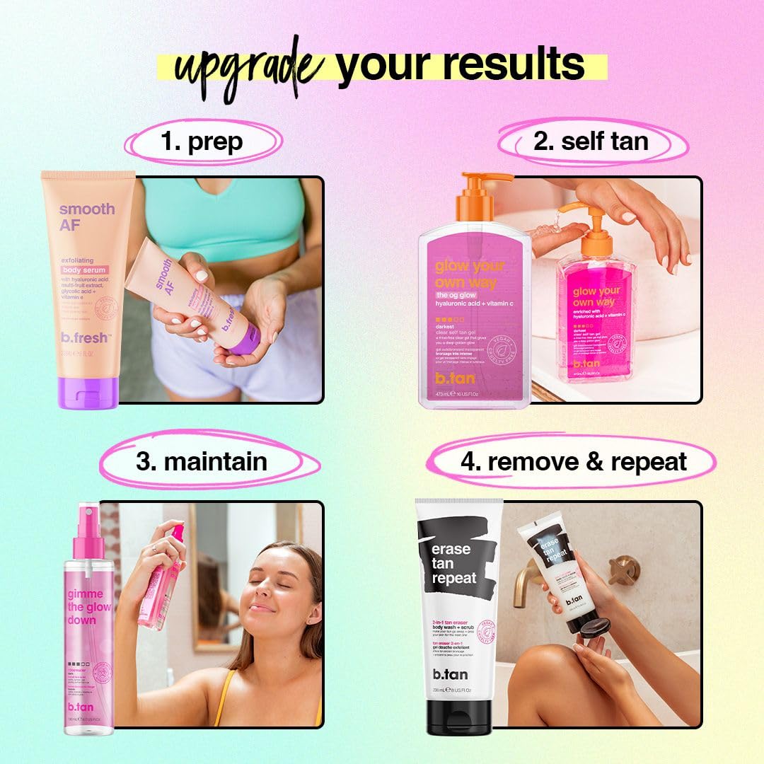 b.tan Best Clear Self Tanning Gel Kit | Glow Your Own Way Bundle - Ultra Dark, Quick Express Tanner for Face & Body with Applicator, No Transfer (Dark with Tan Eraser Scrub with Mitt)