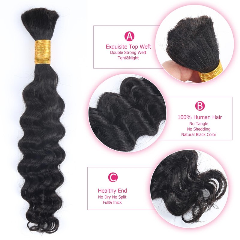 Odir 20 Inch Deep Wave Bulk Human Hair - 100% Unprocessed Brazilian Curly Extensions | 2 Bundles, 100g for Boho Braids