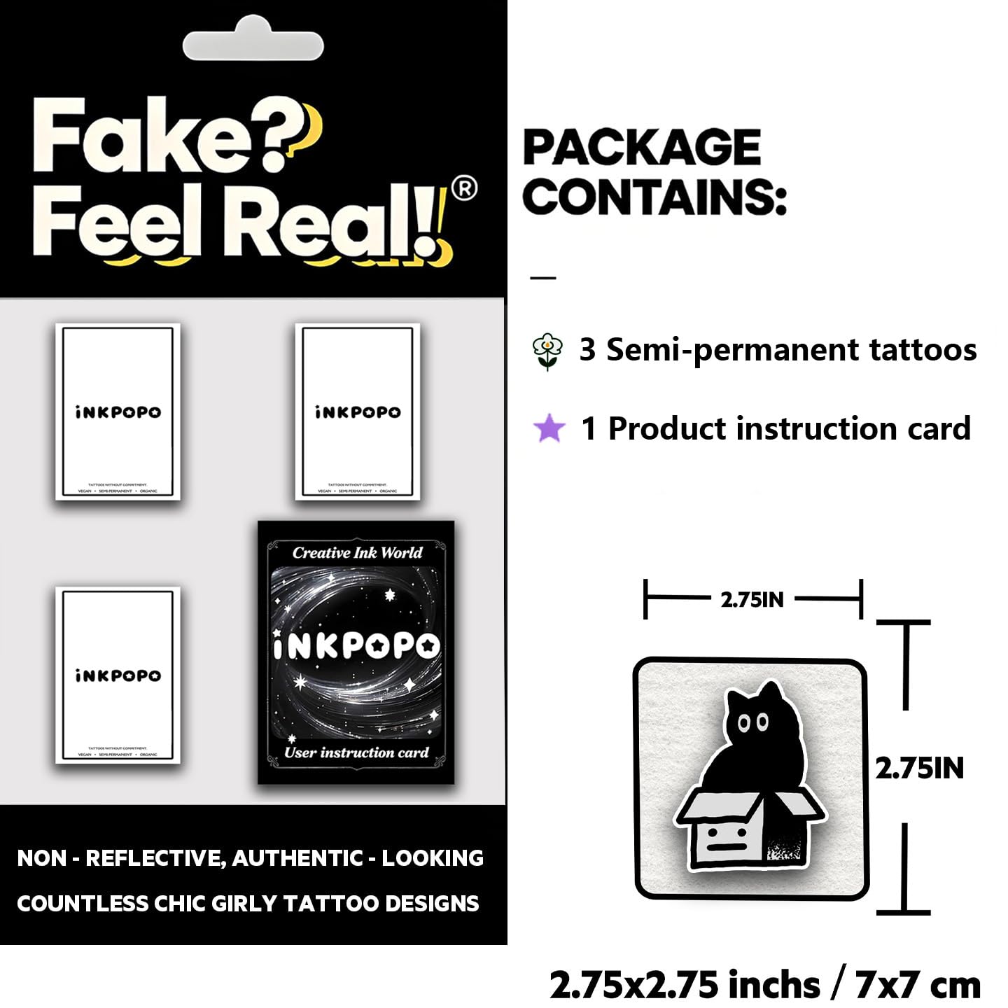 INKPOPO 3 Sheets Semi-Permanent Tattoos for Adults | 7-15 Days Longwear | Waterproof & Realistic Finish | Adult Art Temporary Tattoos | Cute Cat Series 049
