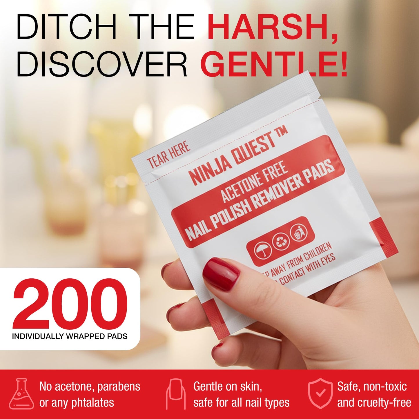 Nail Polish Remover Pads 100% Non Acetone - 200 Pack of Individually Wrapped Bulk Set Gel Nail Polish Remover Wipes - Fingernail Travel Kit to Clear Nail Polish for Home & Professional Removal