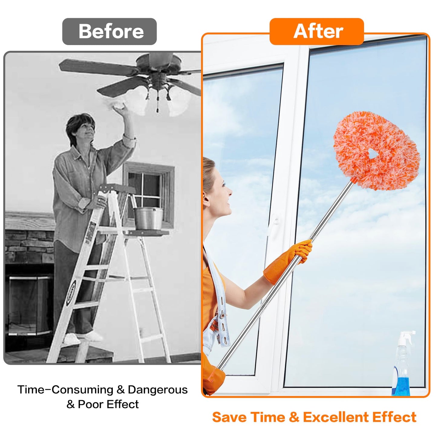 Ceiling Fan Cleaner Duster Reusable Microfiber Ceiling Fan Blade Cleaner Removable Duster with Extension Pole Adjusts 13 to 49.7 Inch for Cleaning Walls Furniture Door Window Top (Orange White)