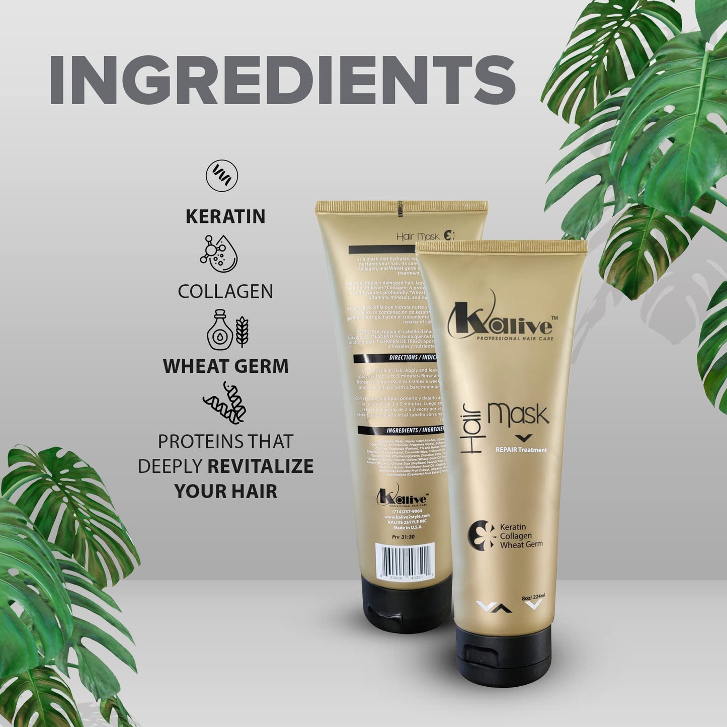 KALIVE Hair Mask for Deep Hydration & Repair - 8 oz. Keratin, Collagen & Wheat Germ - Hair Care Products for Dry, Damaged Hair.
