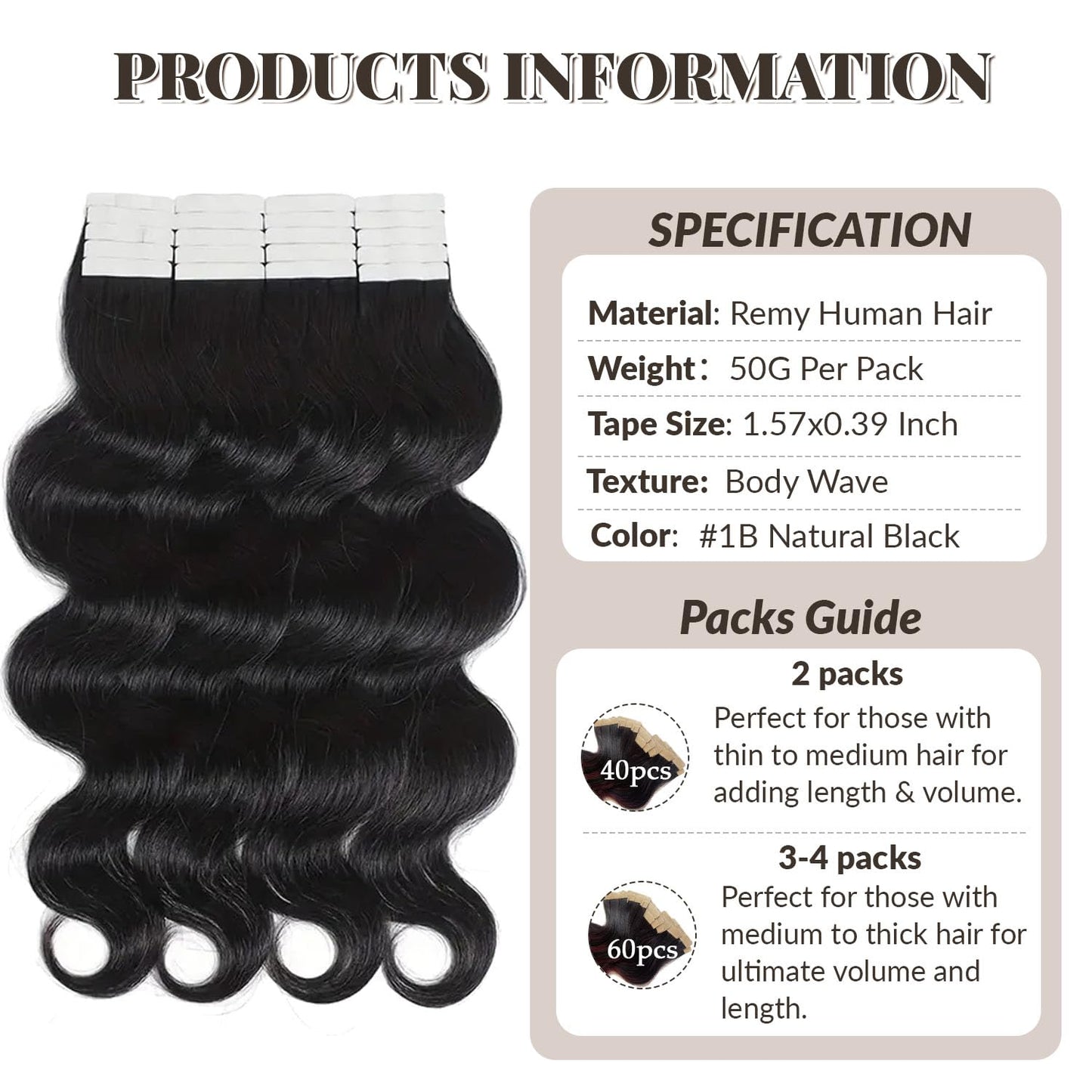 Body Wave Tape in Hair Extensions Human Hair, Body Wave Natural Black Hair Extensions Real Human Hair Tape ins for Black Women,100% Remy Human Hair 18 Inch 50g 20pcs Invisible Tape in Hair Extensions