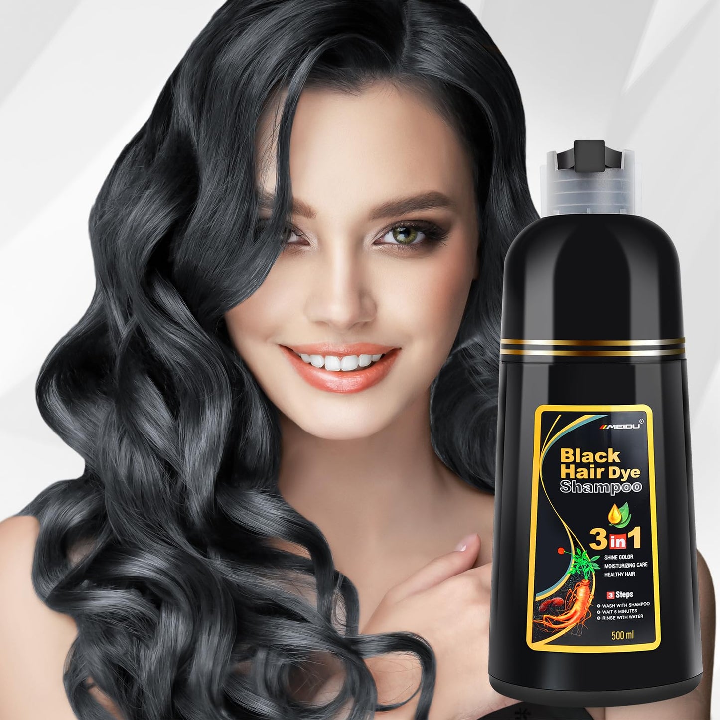 MEIDU Black Hair Dye Shampoo 3 in 1 for Gray Hair, Black Hair Dye for Women Men, Hair Color for Women Herbal Ingredients Natural (500ml,16.9oz) (Black)