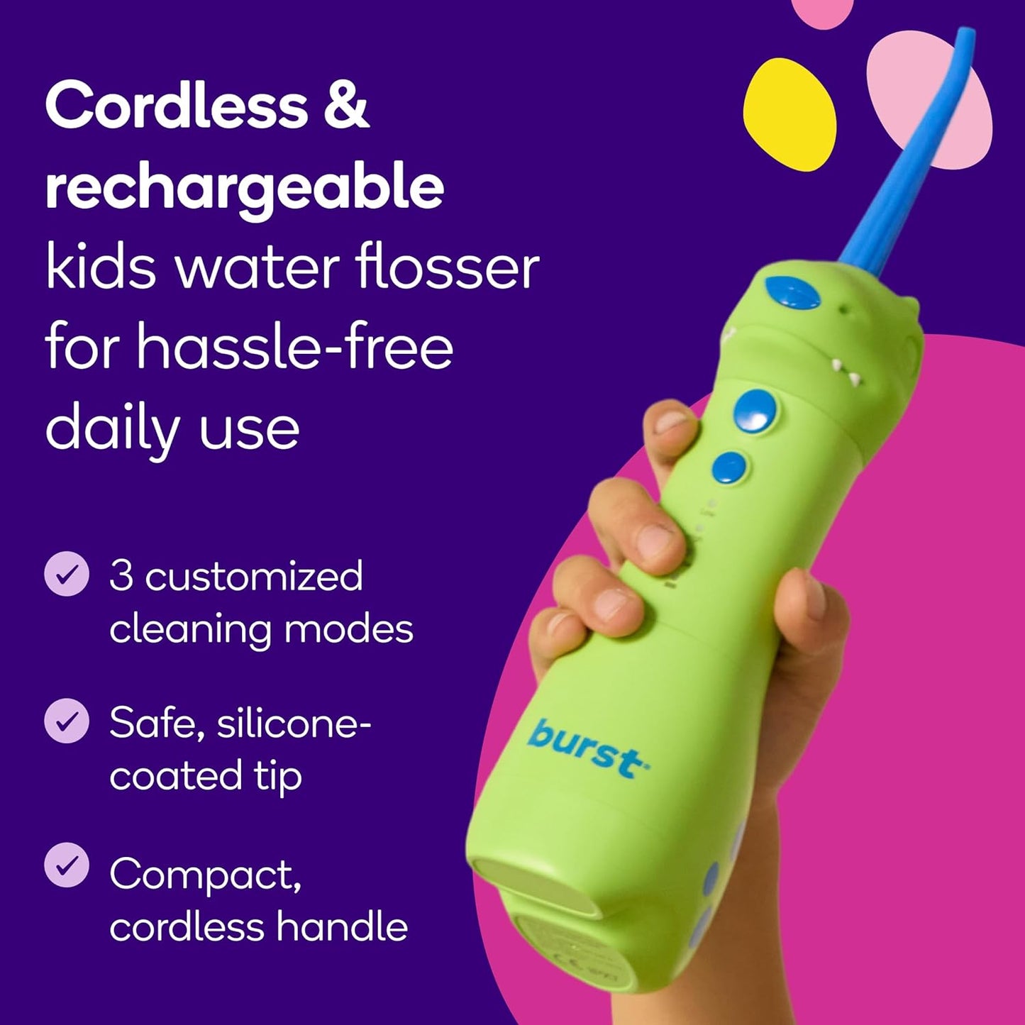 Kids Water Flosser - Cordless Dinosaur Design with 3 Pressure Modes | Braces-Friendly & Safe Silicone Tip | 155mL Tank